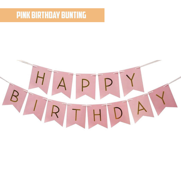 Happy Birthday Gold Pleated Pink Bunting Banner bloop-balloons.myshopify.com