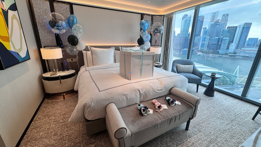 Hotel room decoration surprise at Marina Bay Sands Singapore for boyfriend with romantic balloon setup