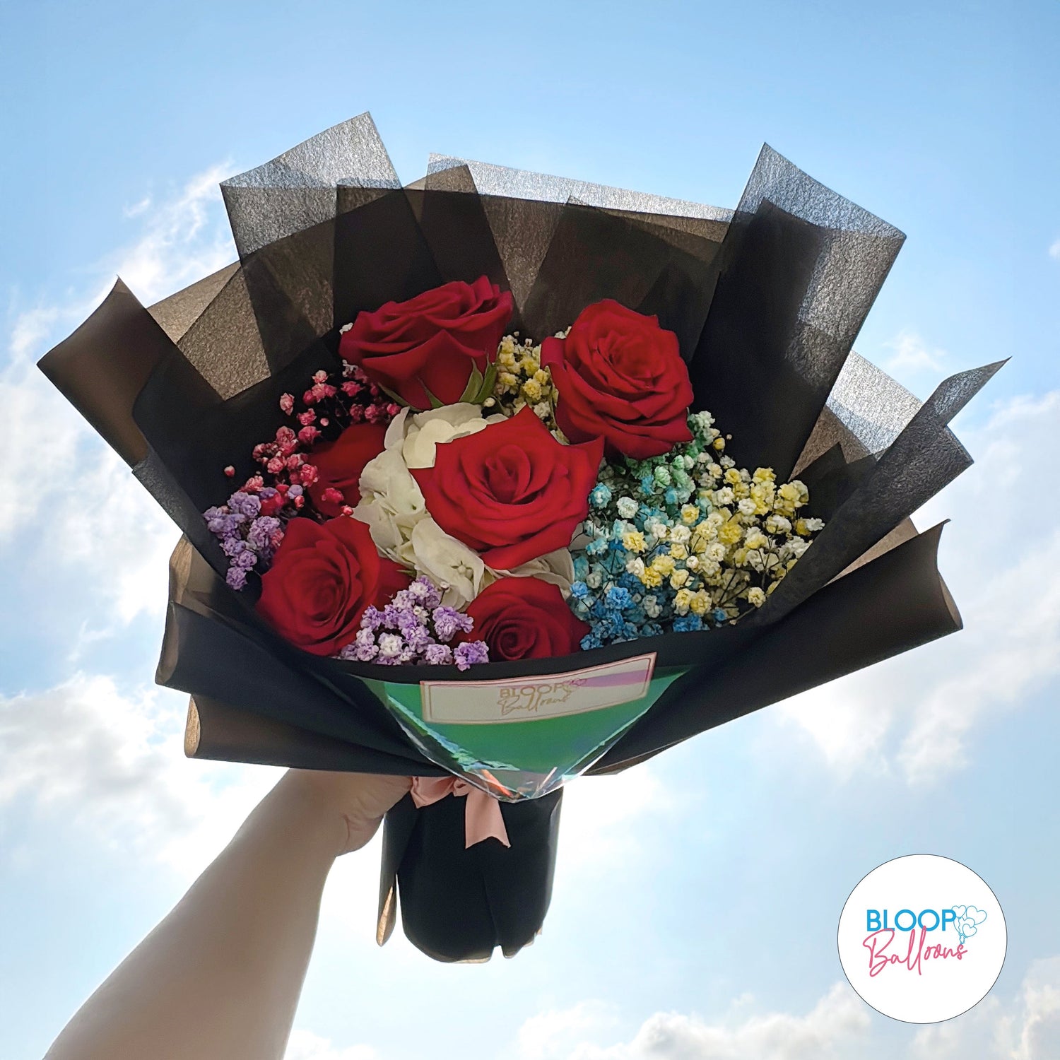 Romantic Roses and Rainbow Baby Breath Bouquet