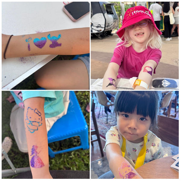 Collage of children with temporary tattoos at an outdoor event.