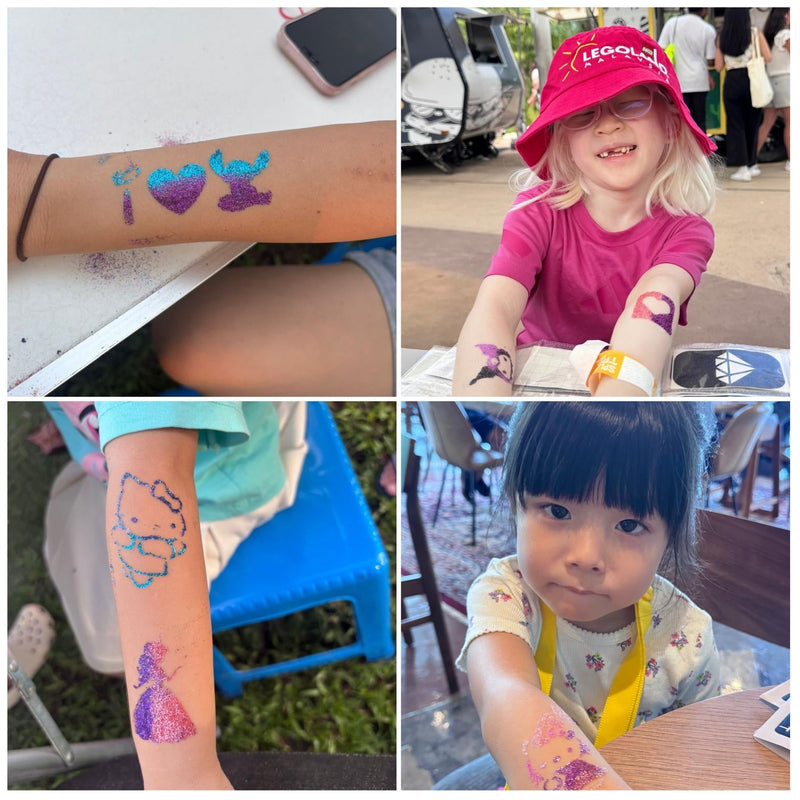 Collage of children with temporary tattoos at an outdoor event.