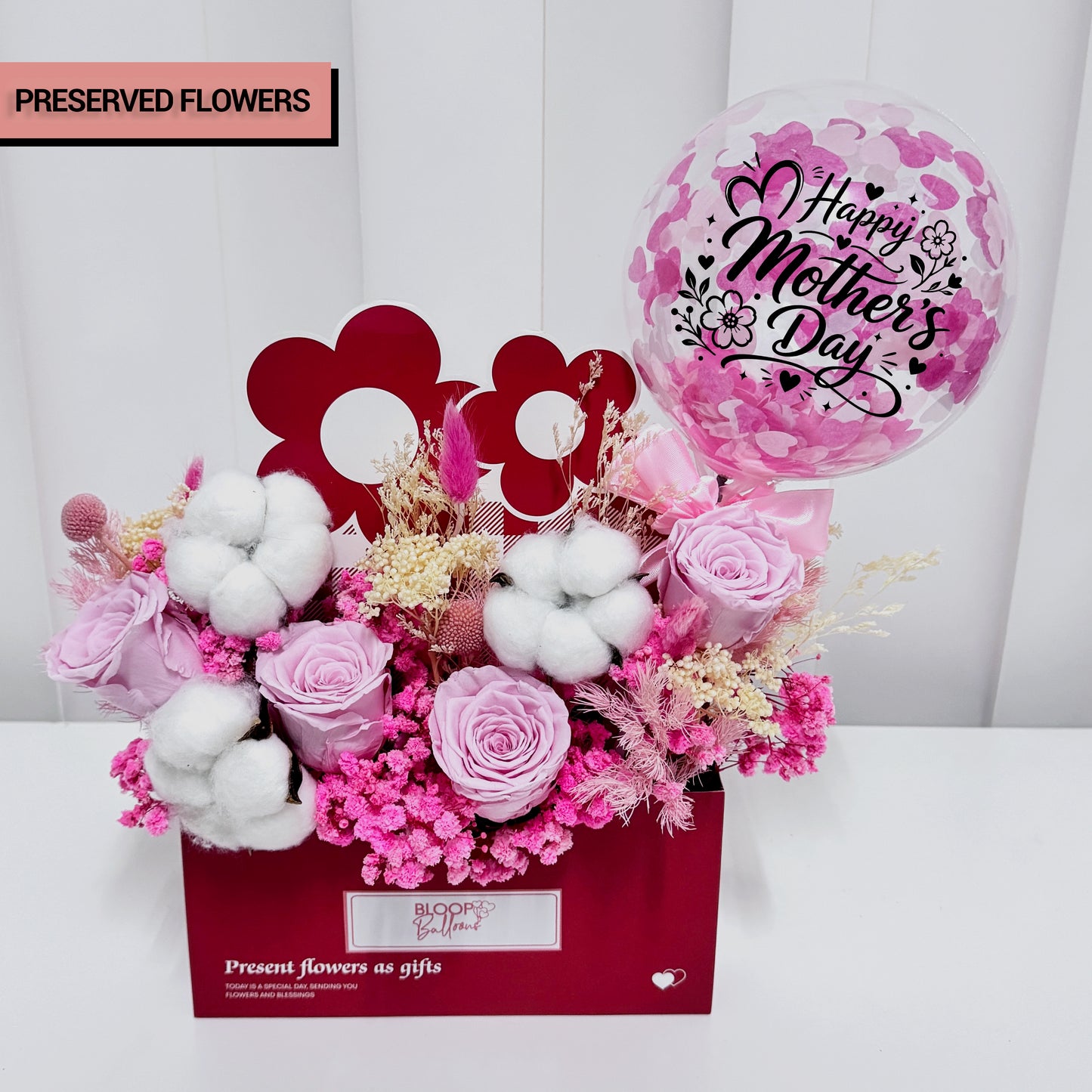 Envelope Preserved Flower Box with 5’’ Personalised Confetti Balloon Singapore – Mother’s Day Preserved Flower Gift Box Delivery