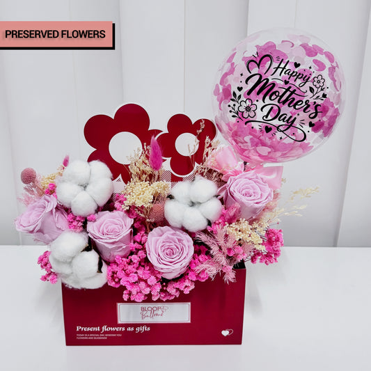 Envelope Preserved Flower Box with 5’’ Personalised Confetti Balloon Singapore – Mother’s Day Preserved Flower Gift Box Delivery