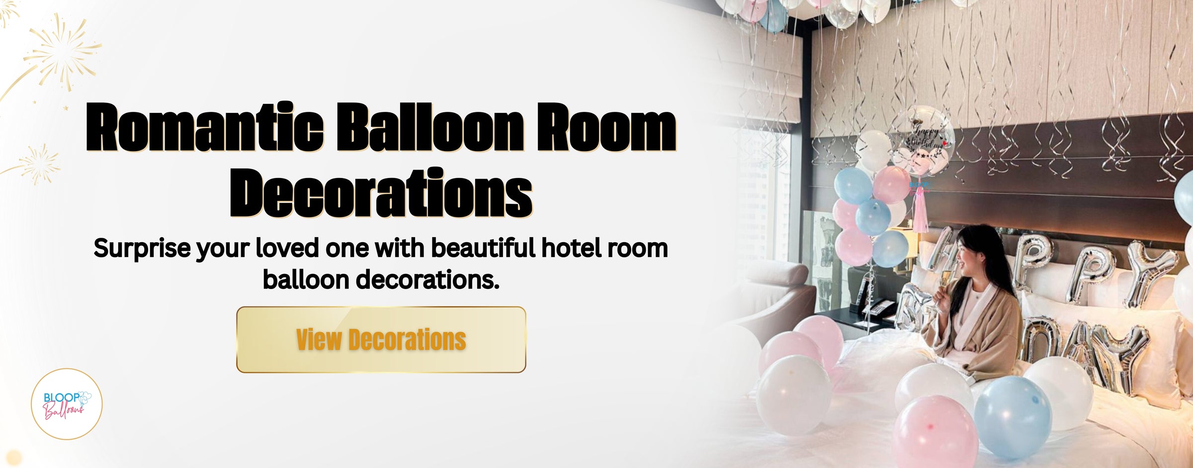 Romantic hotel room balloon decoration setup in Singapore for birthday or anniversary surprise