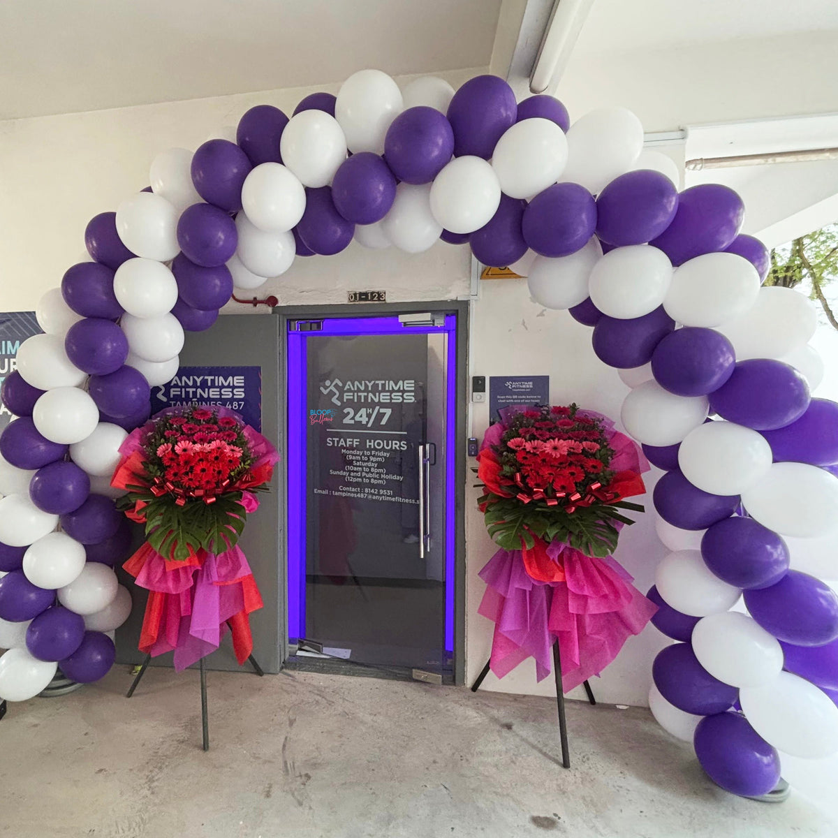 Modern balloon arch setup at Anytime Fitness Tampines gym launch event in Singapore designed by Bloop Balloons