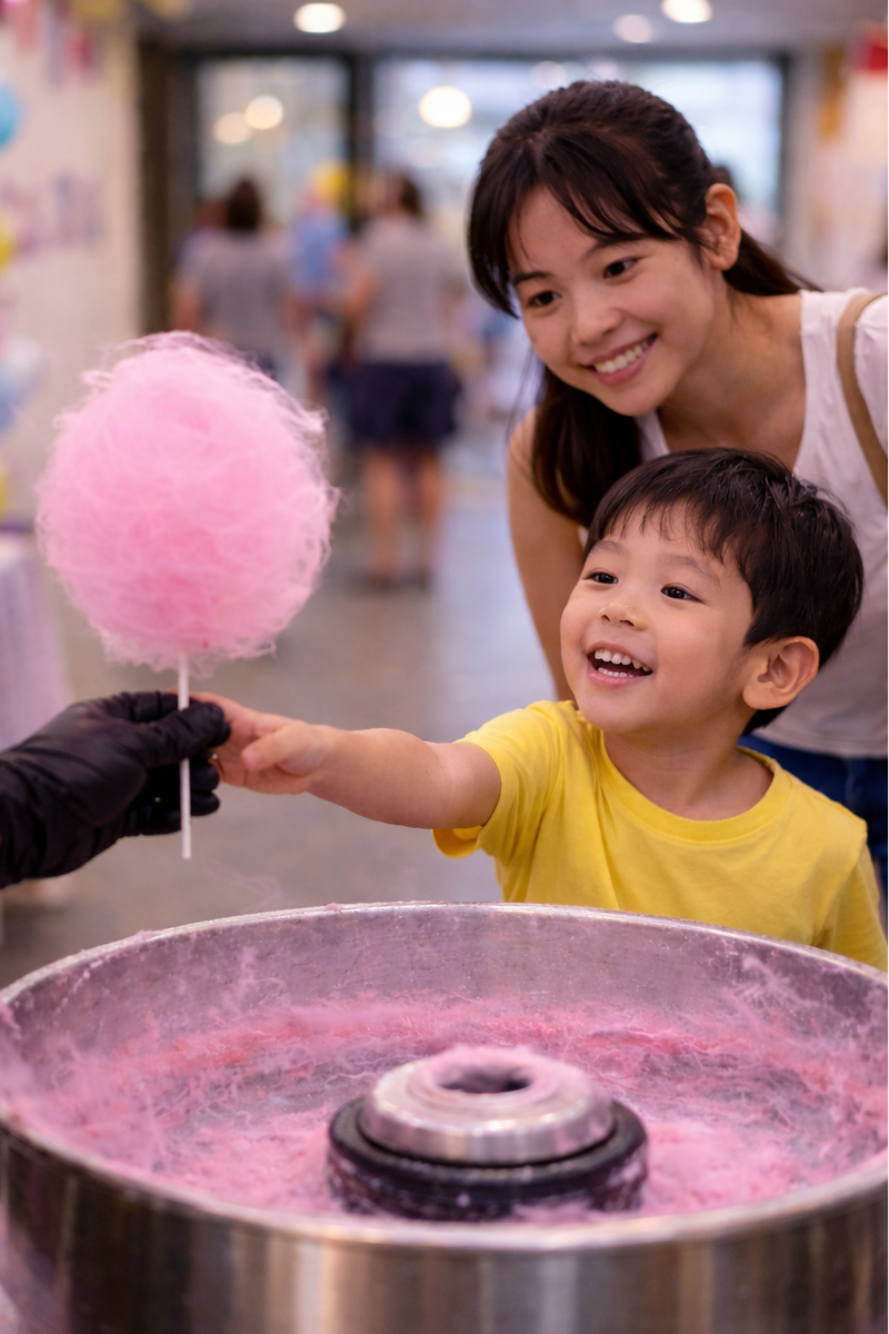 Woman and child enjoying pink cotton candy at a carnival.