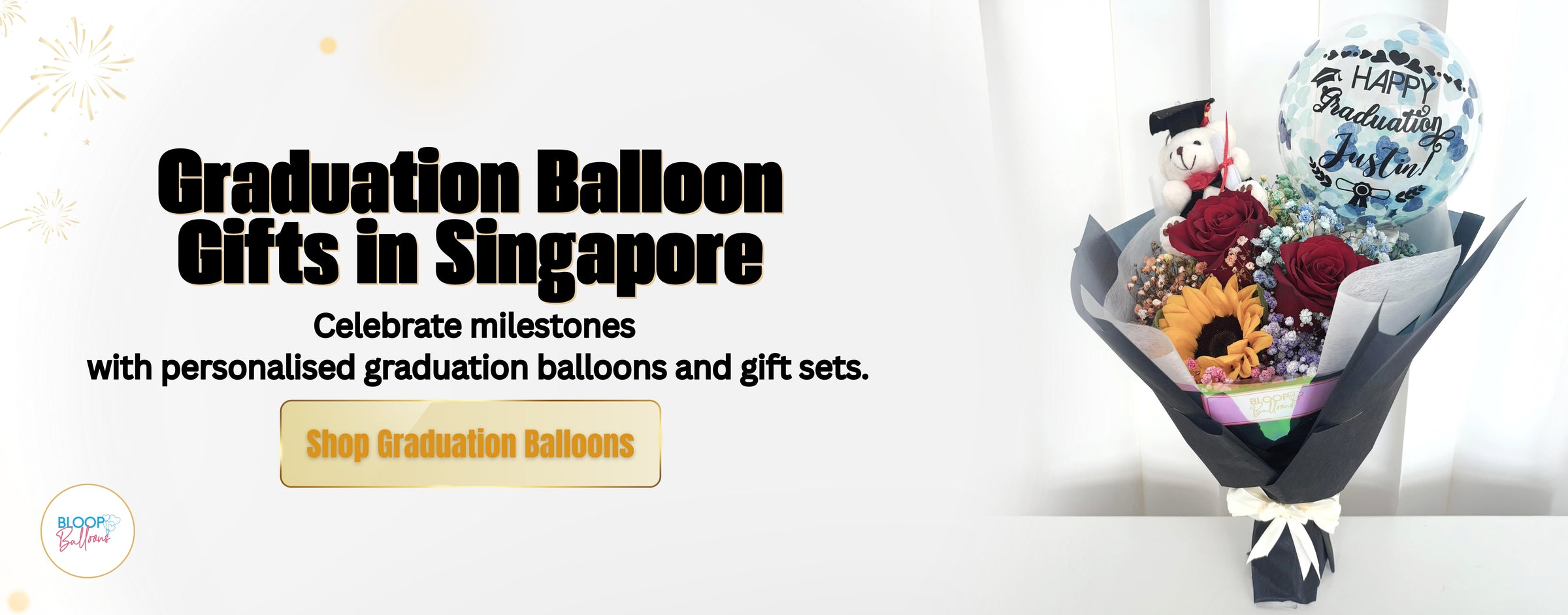 Personalised graduation balloon gift bouquet in Singapore with flowers and teddy bear