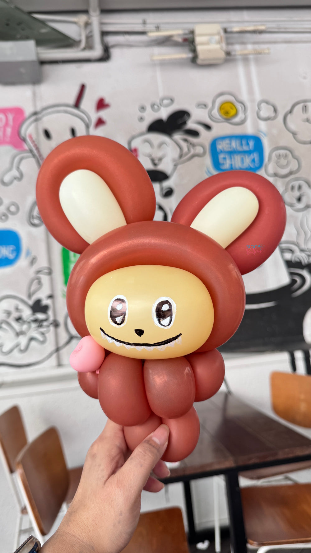 Labubu balloon sculpting design for kids birthday party in Singapore by Bloop Balloons