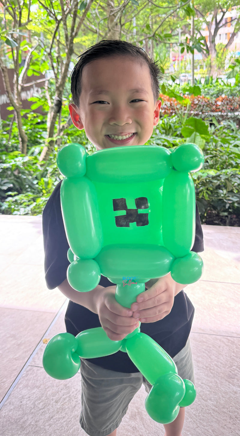 Minecraft Creeper balloon sculpting design for kids birthday party in Singapore by Bloop Balloons