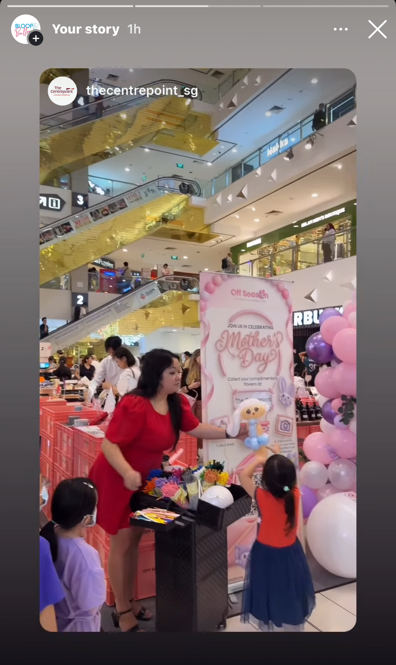 Balloon sculpting entertainment for Mother's Day at Centrepoint Singapore featuring pink and purple themed balloon creations for Off Season Beauty
