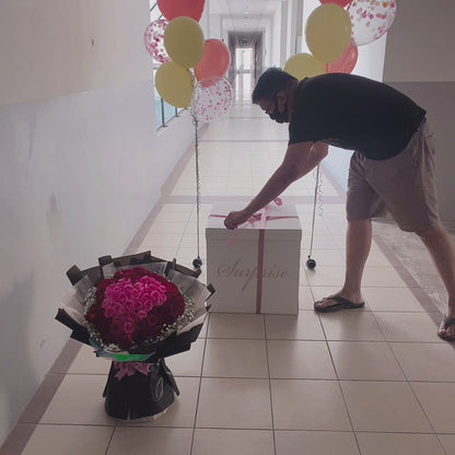 99 Roses Bouquet and 24'' Balloon Surprise Box Package - At Least 1 Week Pre Order Required