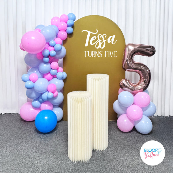 Customised foam board arch birthday setup for Tessa Turns 5 celebration by Bloop Balloons in Singapore