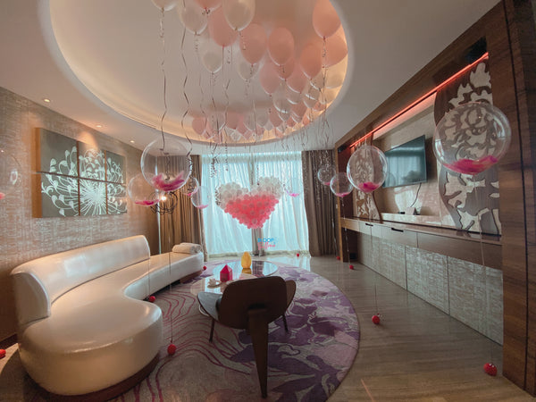 Hotel room balloon decoration setup at W Hotel Sentosa in Singapore