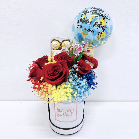 5'' Personalised Balloon with Rainbow Baby Breath + Classic Roses and Ferrero Rocher Package