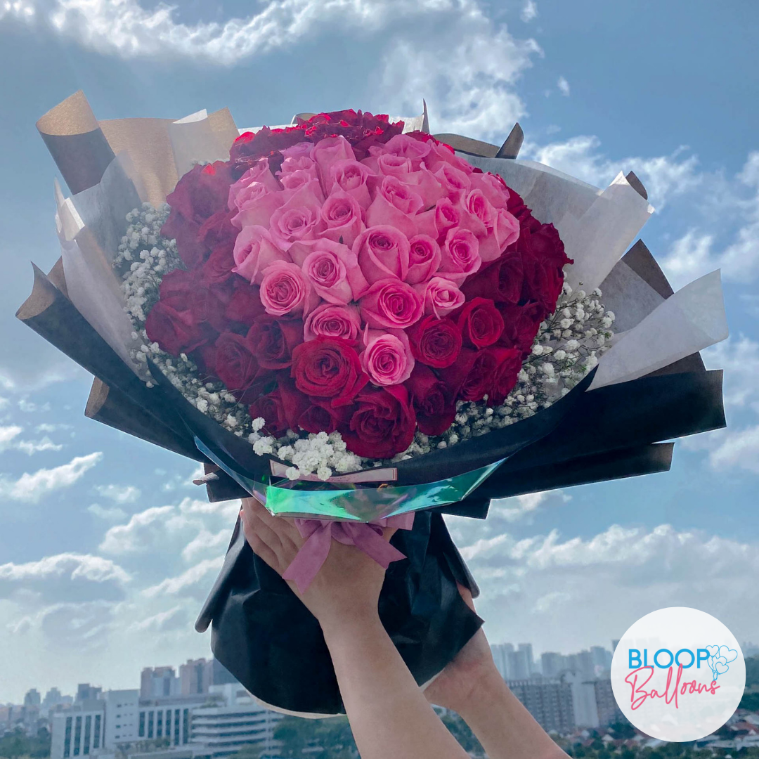 99 Roses Bouquet and 24'' Balloon Surprise Box Package - At Least 1 Week Pre Order Required