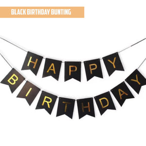 Happy Birthday Gold Pleated Black Bunting Banner bloop-balloons.myshopify.com
