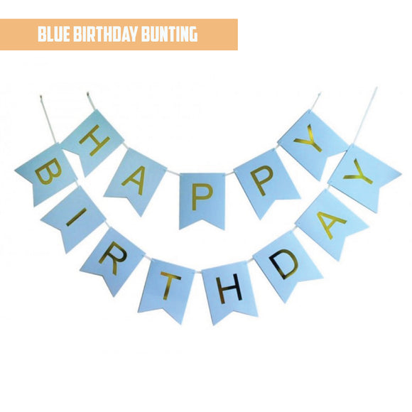 Happy Birthday Gold Pleated Blue Bunting Banner bloop-balloons.myshopify.com
