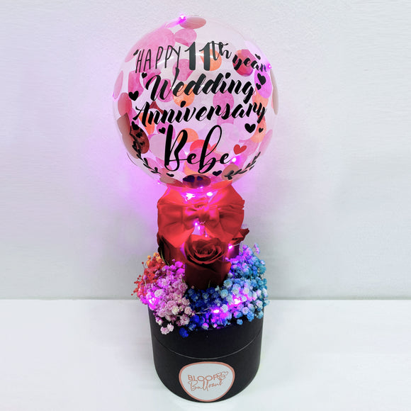 5'' Personalised Led Balloon With 3 Roses and Baby Breath Mini Flower Box