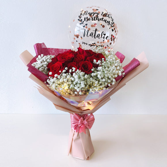[LARGE] 9'' Led Personalised Balloon with 18 Roses Flower Bouquet