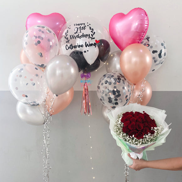 24''personalised balloon with 2 side bouquets and 30 roses bundle set - Valentine's Day