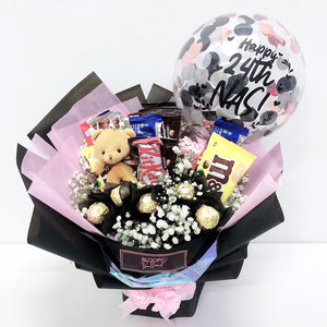 [MEDIUM BOUQUET] 5'' Personalised Balloon with Chocolate and Medium Flower Bouquet
