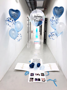 Surprise Box with 24'' Personalised Balloon , 6 Photos and Wording On Box   +    2 Bouquets of 6 Balloons