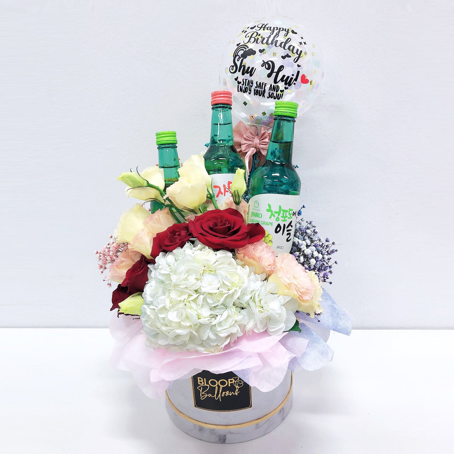 5''Personalised Balloon Premium Flower Box with 3 Soju Bottles