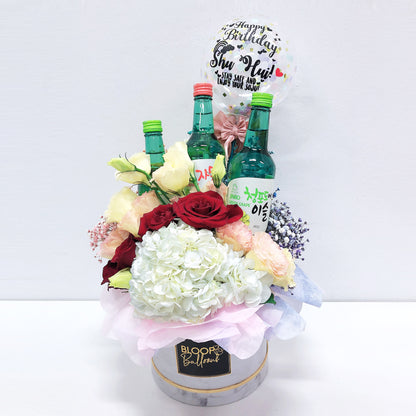 5''Personalised Balloon Premium Flower Box with 3 Soju Bottles