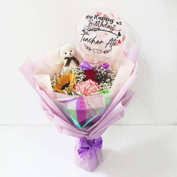 [SMALL BOUQUET] 5'' Personalised Balloon with Bear and Flower Bouquet - Happy Teacher's Day