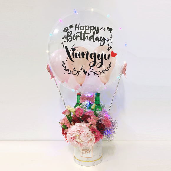 Hot Air Balloon Premium Flower Box with 3 Soju Bottles