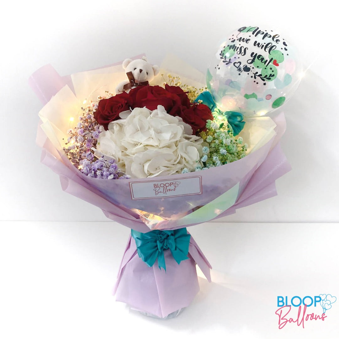 [MEDIUM+ BOUQUET] 5'' Led Personalised Balloon with Hydrangeas and Roses Flower Bouquet