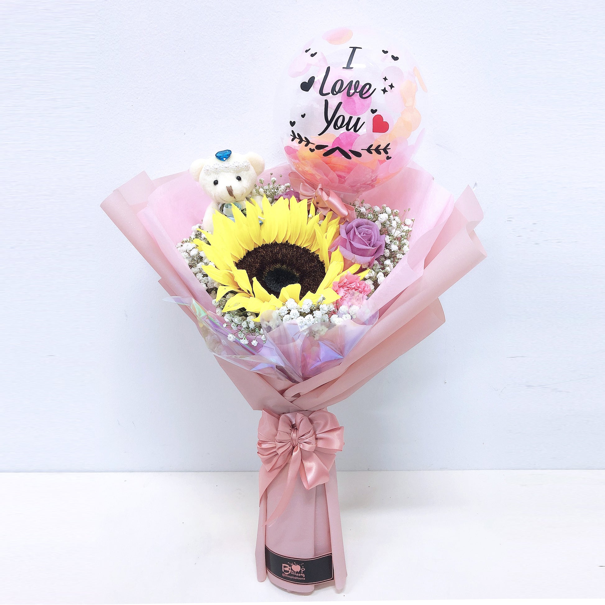 [SMALL BOUQUET] 5'' Personalised Balloon with Bear and Flower Bouquet bloop-balloons.myshopify.com