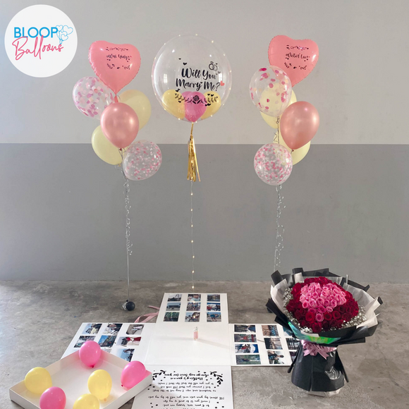 99 Roses Bouquet and 24'' Balloon Surprise Box Package - At Least 1 Week Pre Order Required