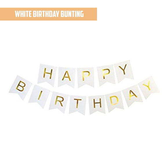 Happy Birthday Gold Pleated White Bunting Banner bloop-balloons.myshopify.com