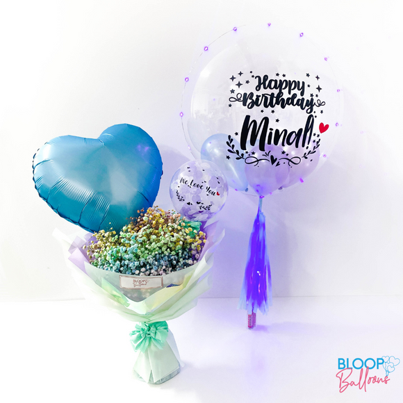 24'' Personalised Balloon with Medium Sized Full Baby Breath Flower Bouquet