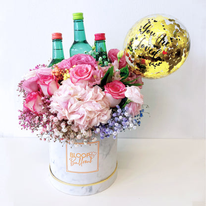 5''Personalised Balloon Premium Flower Box with 3 Soju Bottles